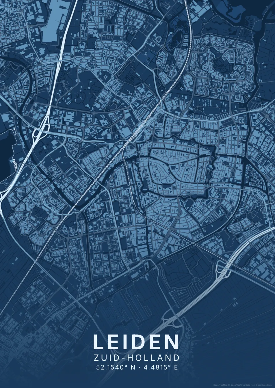 Kaartposter Leiden in Blauwdruk stijl