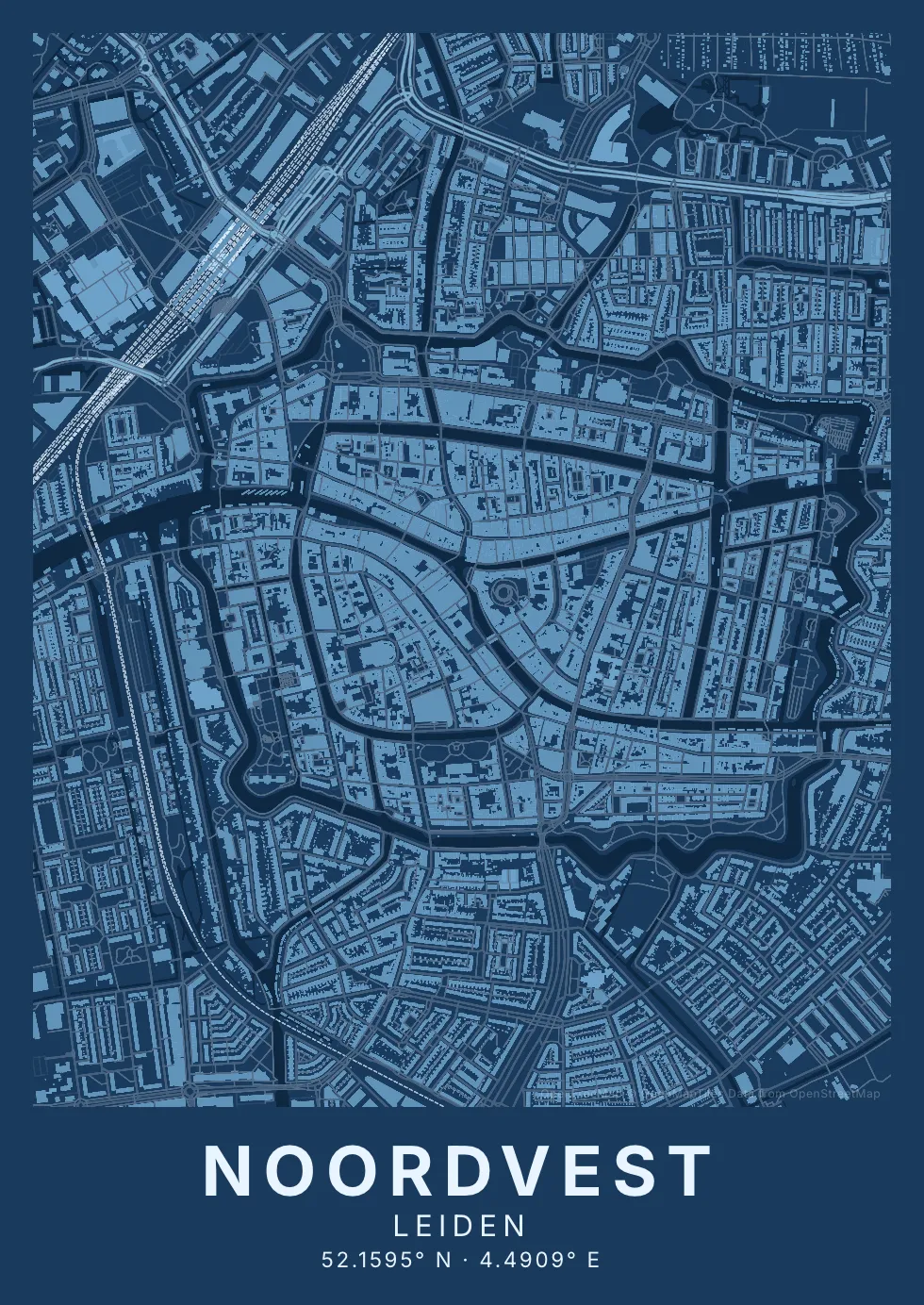 Kaartposter Leiden in Blauwdruk stijl
