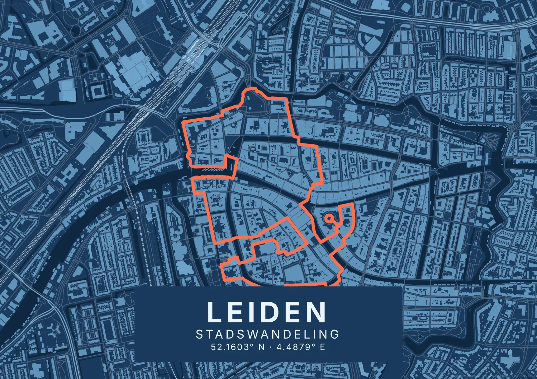 Kaartposter Leiden in Blauwdruk stijl, liggend