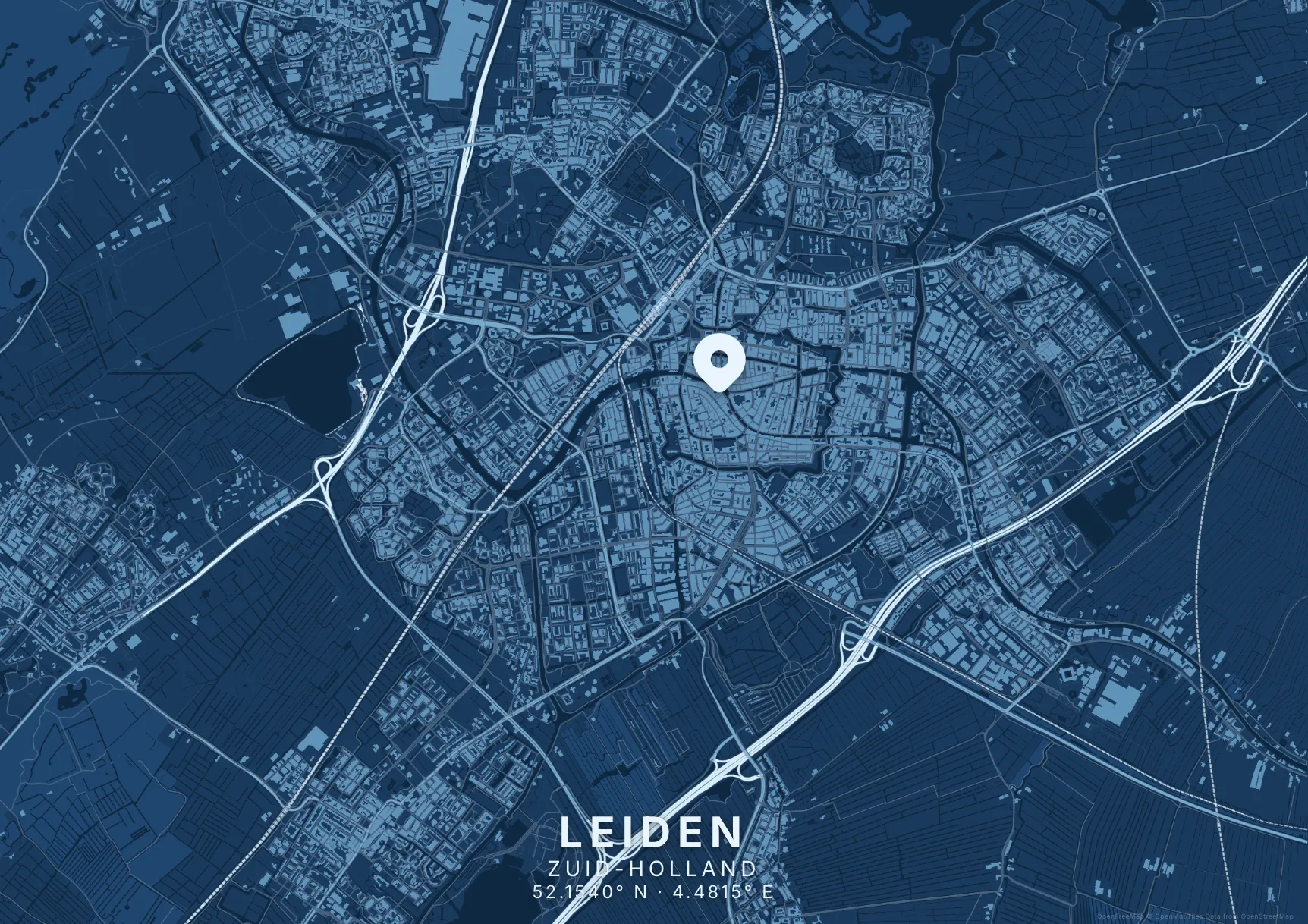 Kaartposter Leiden in Blauwdruk stijl