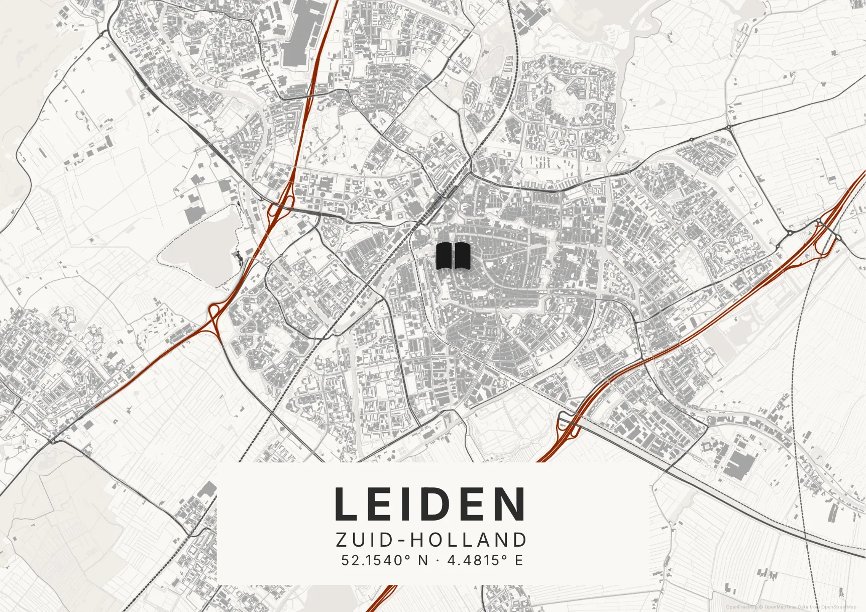 Kaartposter Leiden in Inktwas stijl
