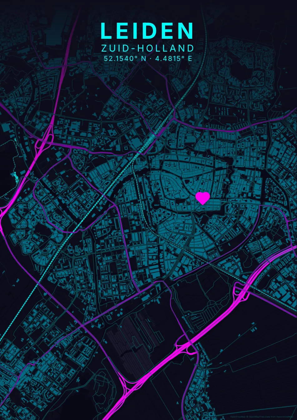 Kaartposter Leiden in Neon stijl