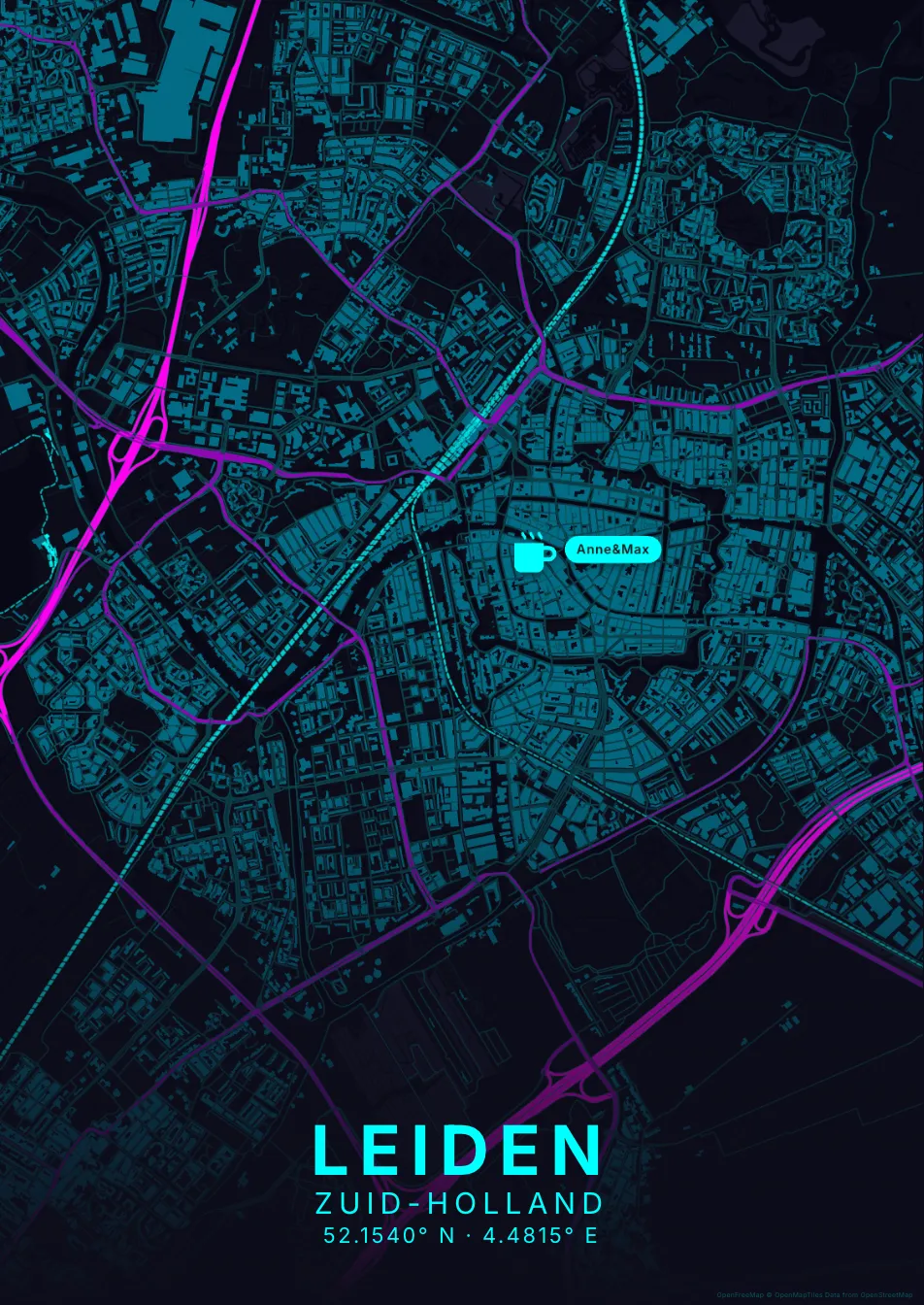 Kaartposter Leiden in Neon stijl