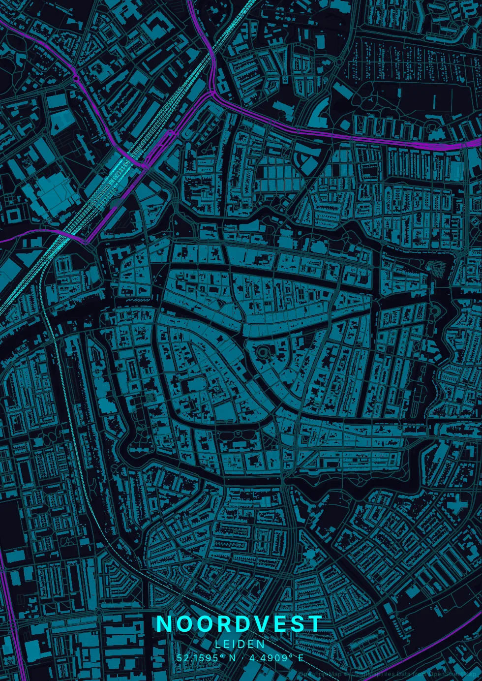 Kaartposter Leiden in Neon stijl