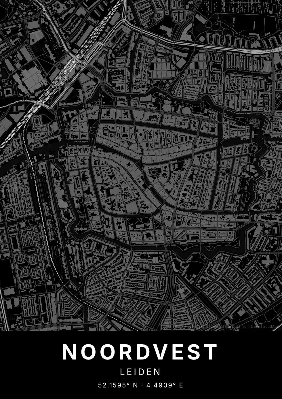 Kaartposter van Leiden in Nachtzwart stijl