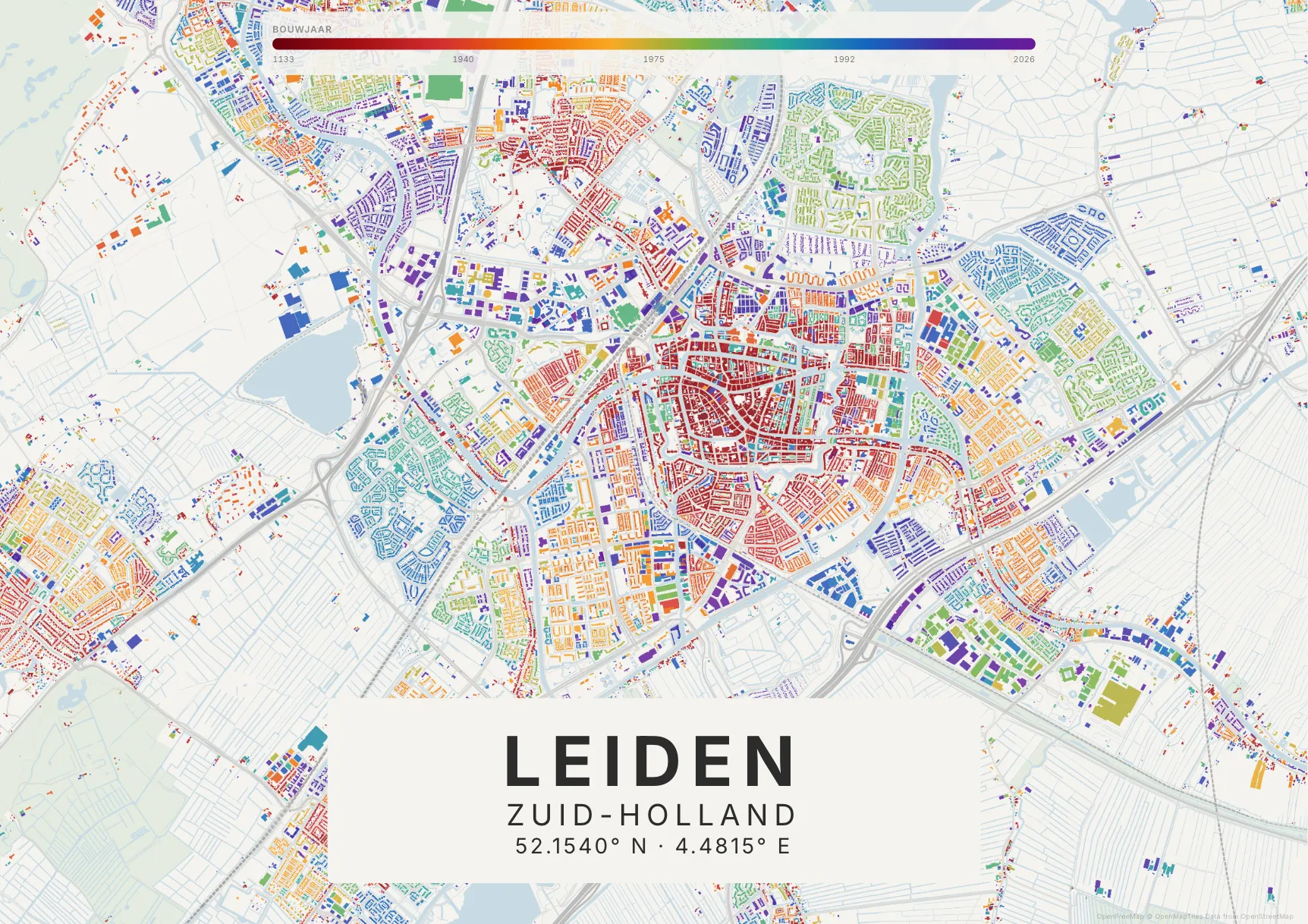 Kaartposter Leiden in Tijdlaag stijl, liggend