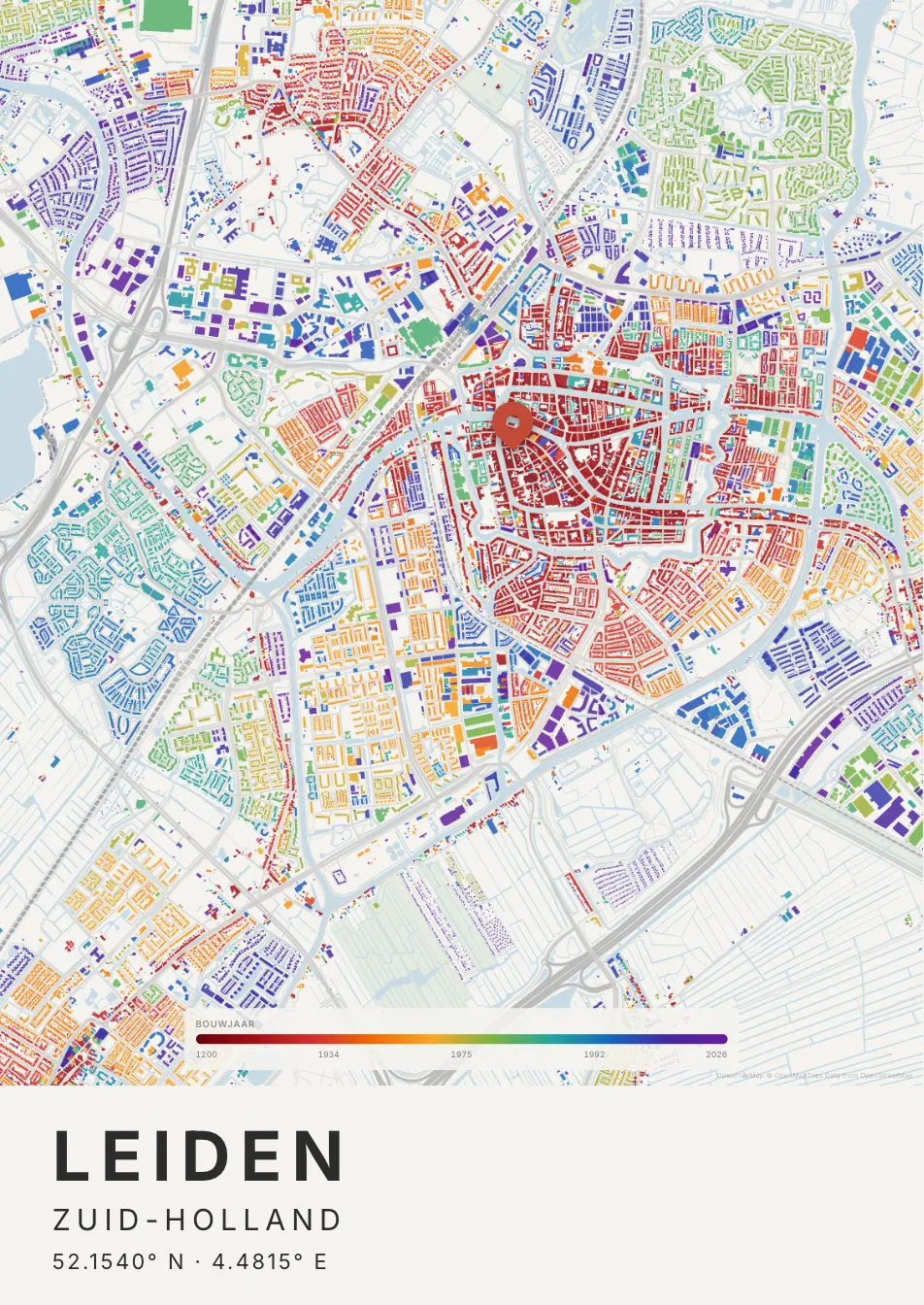 Kaartposter Leiden in Tijdlaag stijl