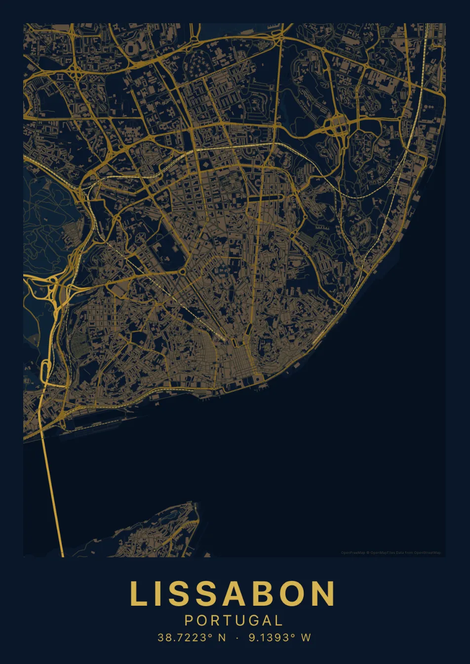 Kaartposter Lissabon in Nachtblauw stijl