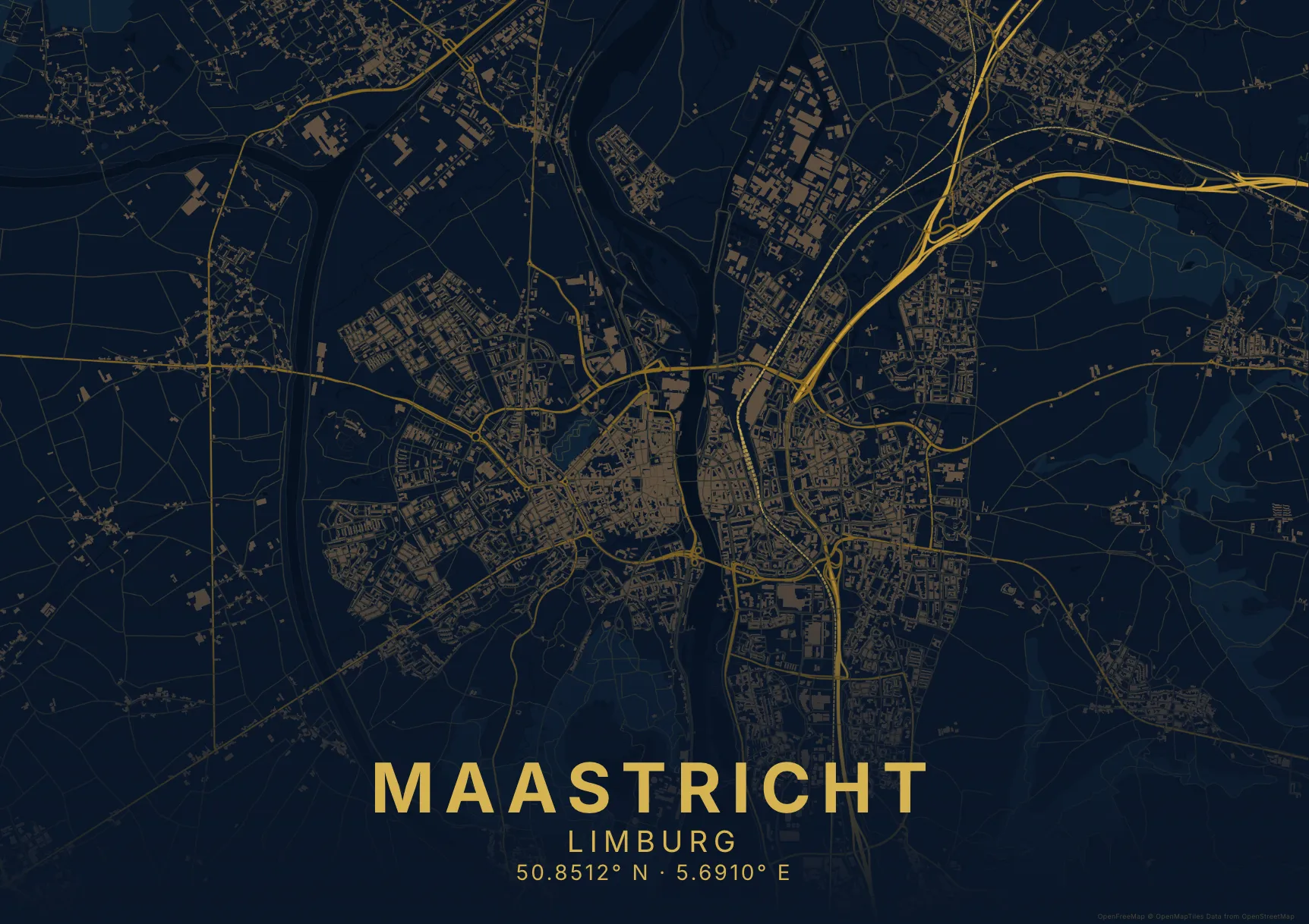 Kaartposter Maastricht in Nachtblauw stijl