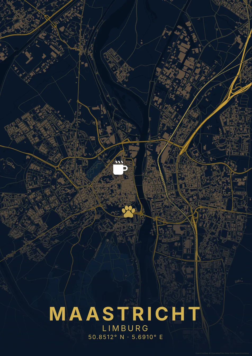 Kaartposter Maastricht in Nachtblauw stijl