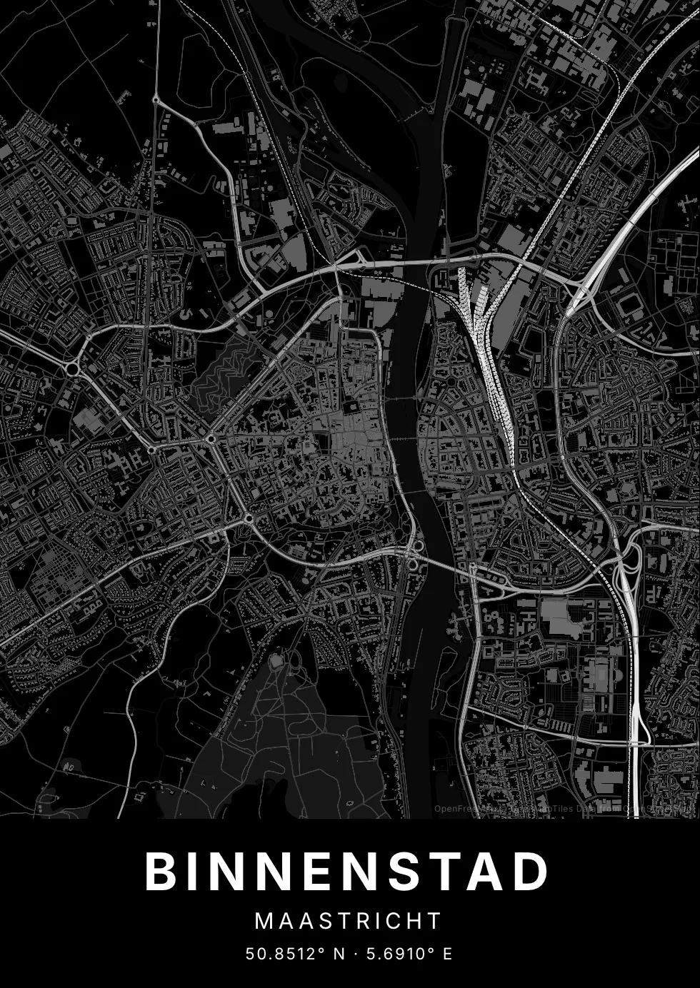 Kaartposter van Maastricht in Nachtzwart stijl