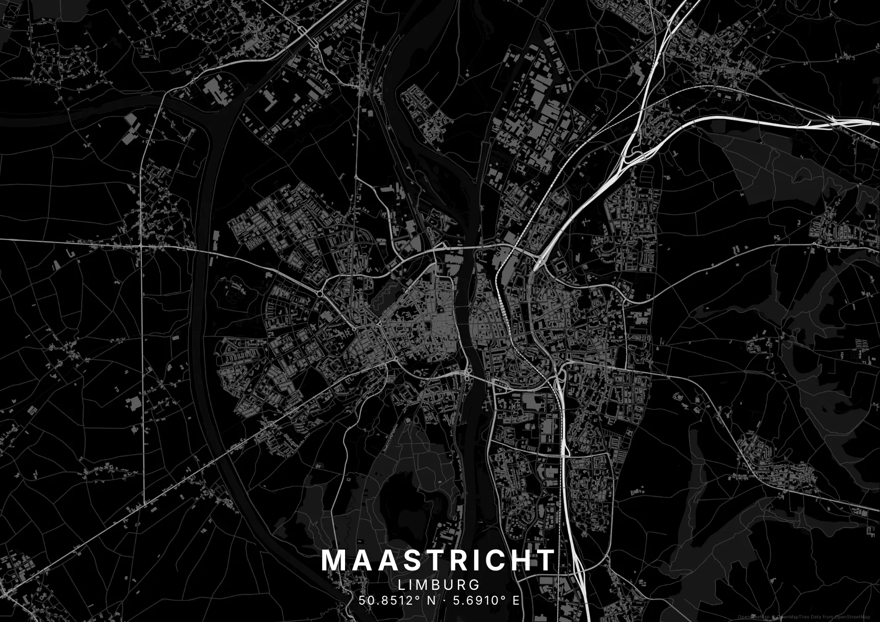 Kaartposter Maastricht in Nachtzwart stijl