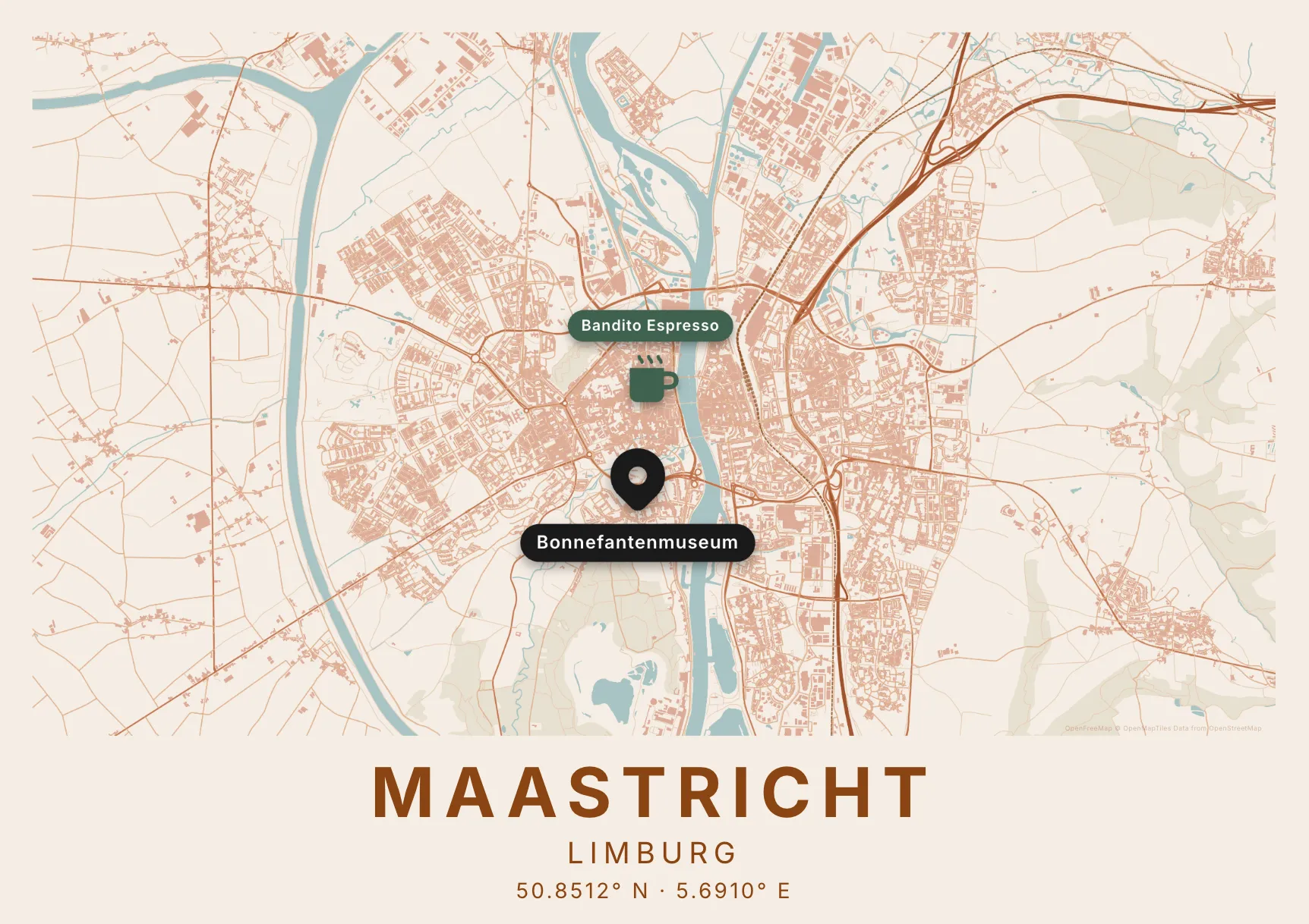 Kaartposter Maastricht in Klei stijl
