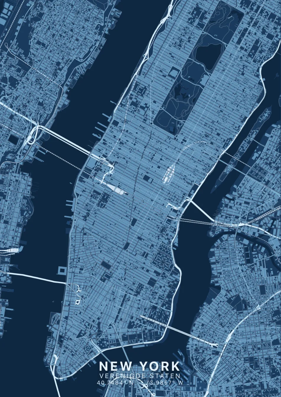 Kaartposter New York in Blauwdruk stijl