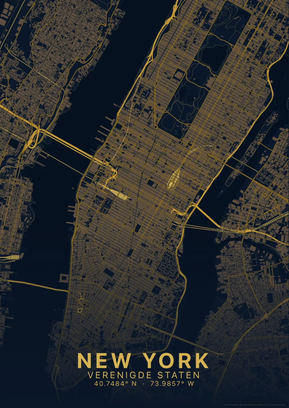 Kaartposter New York in Nachtblauw stijl