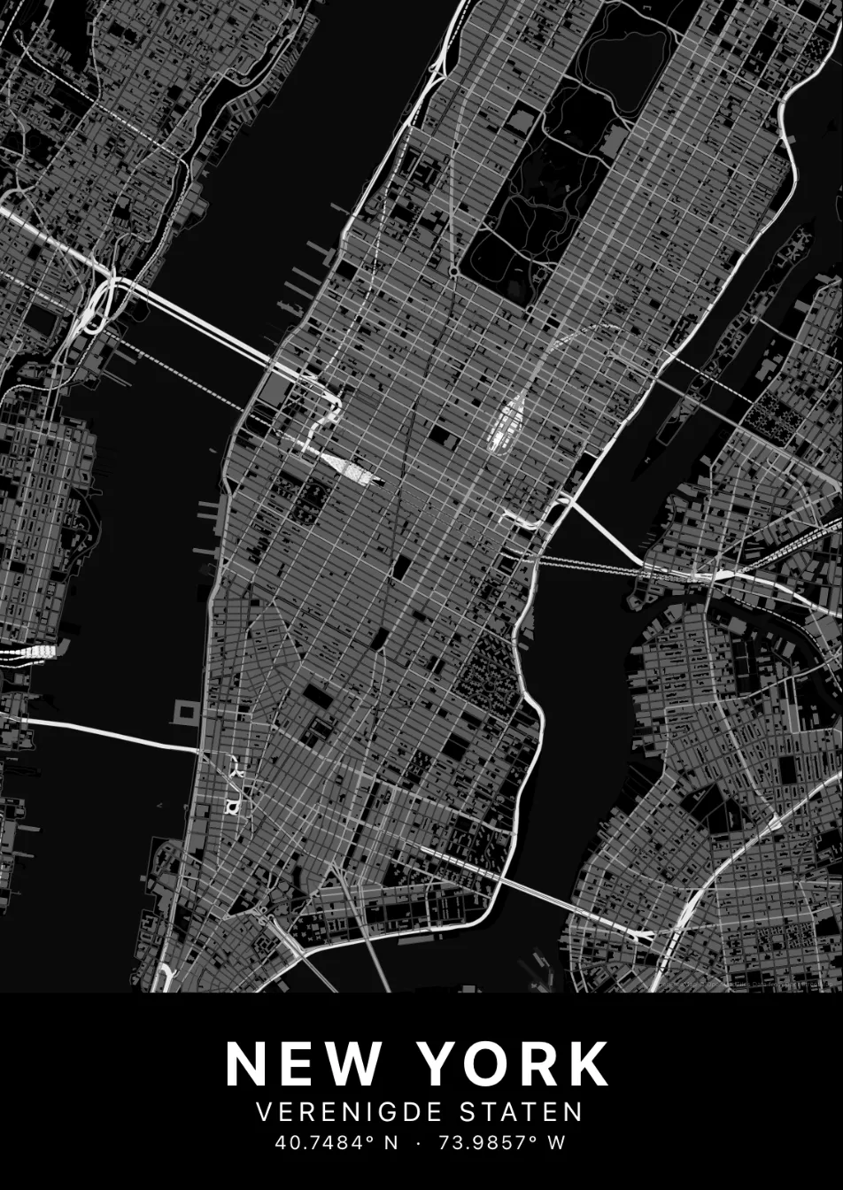 Kaartposter New York in Nachtzwart stijl
