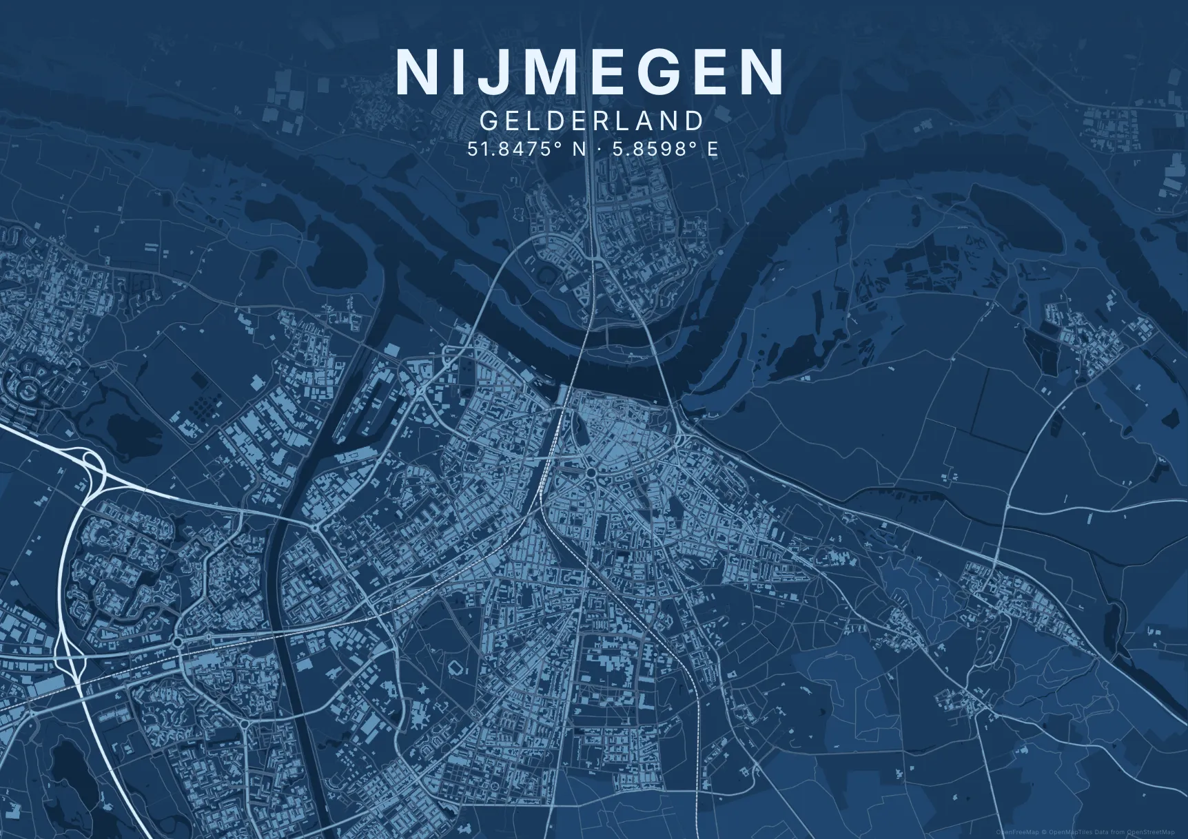 Kaartposter Nijmegen in Blauwdruk stijl
