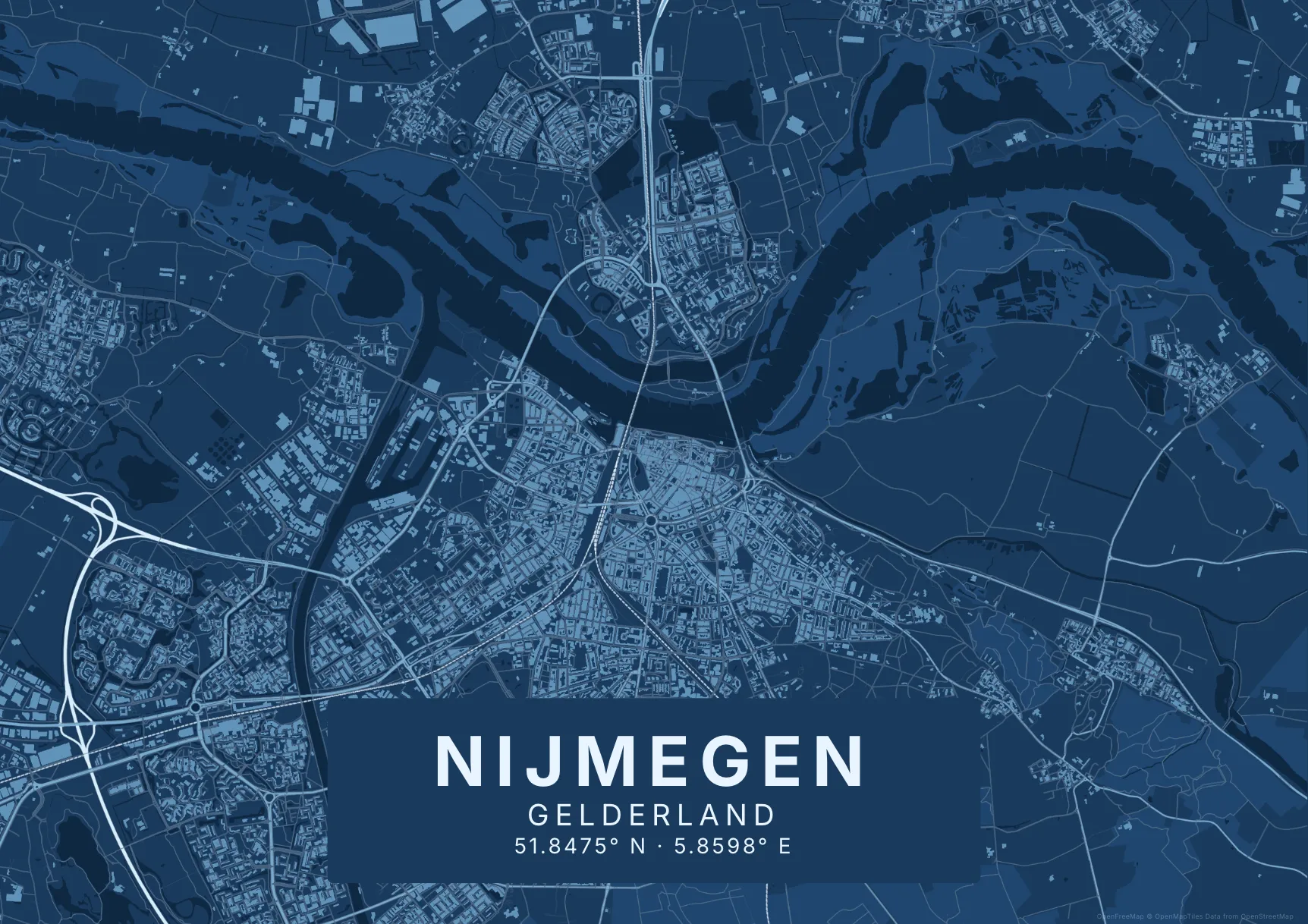 Kaartposter Nijmegen in Blauwdruk stijl, liggend