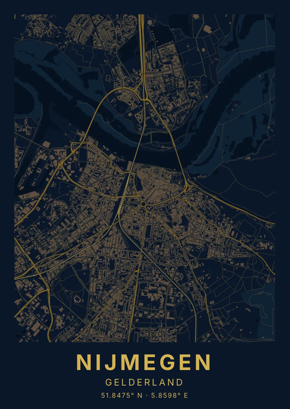 Kaartposter Nijmegen in Nachtblauw stijl