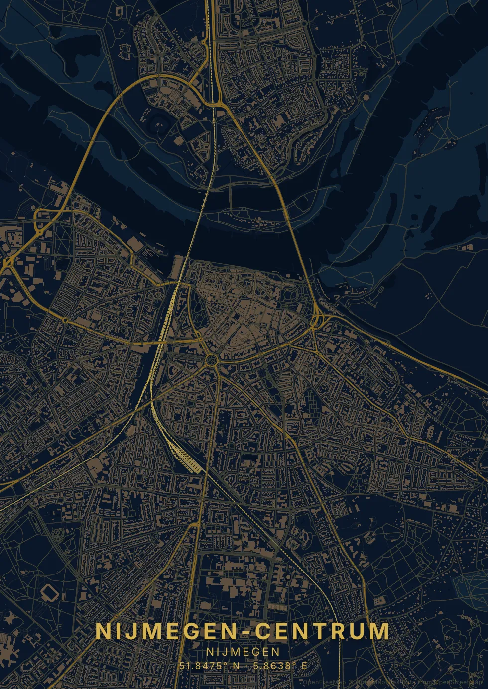 Kaartposter Nijmegen in Nachtblauw stijl