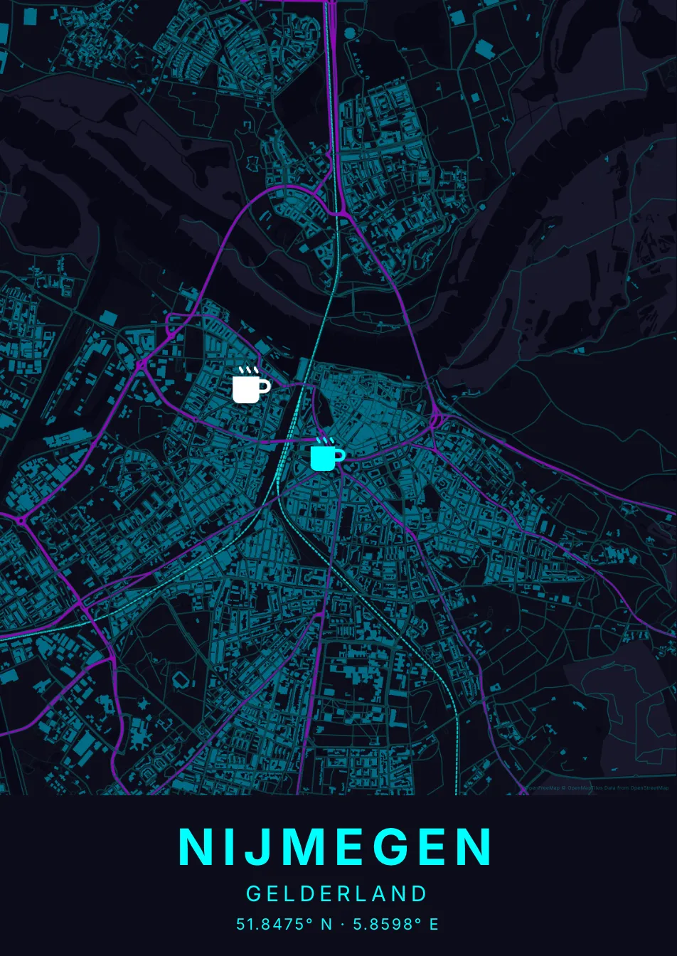 Kaartposter Nijmegen in Neon stijl