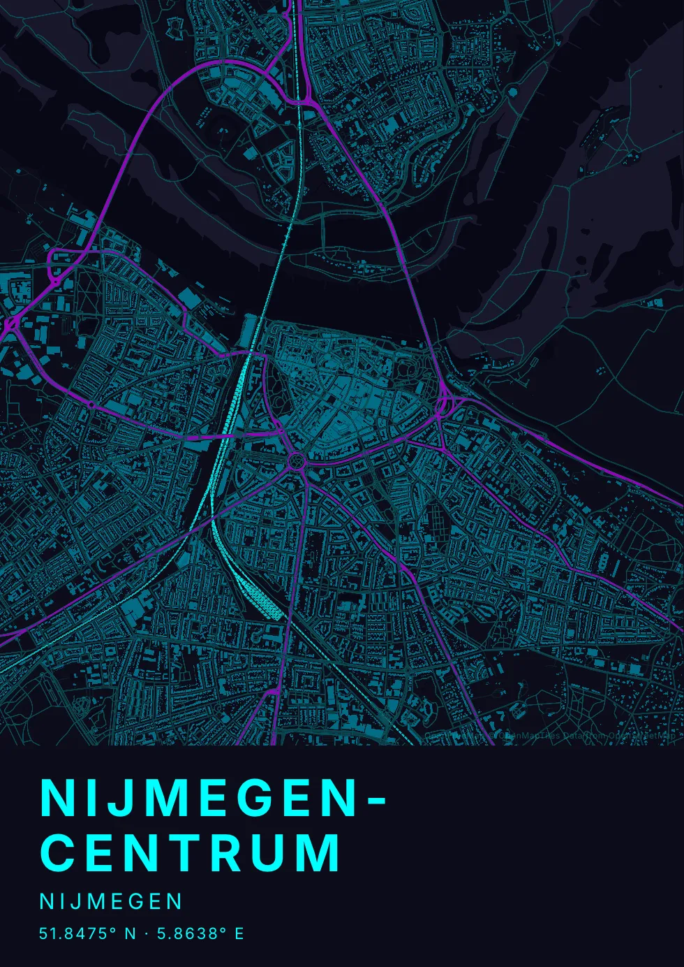 Kaartposter Nijmegen in Neon stijl
