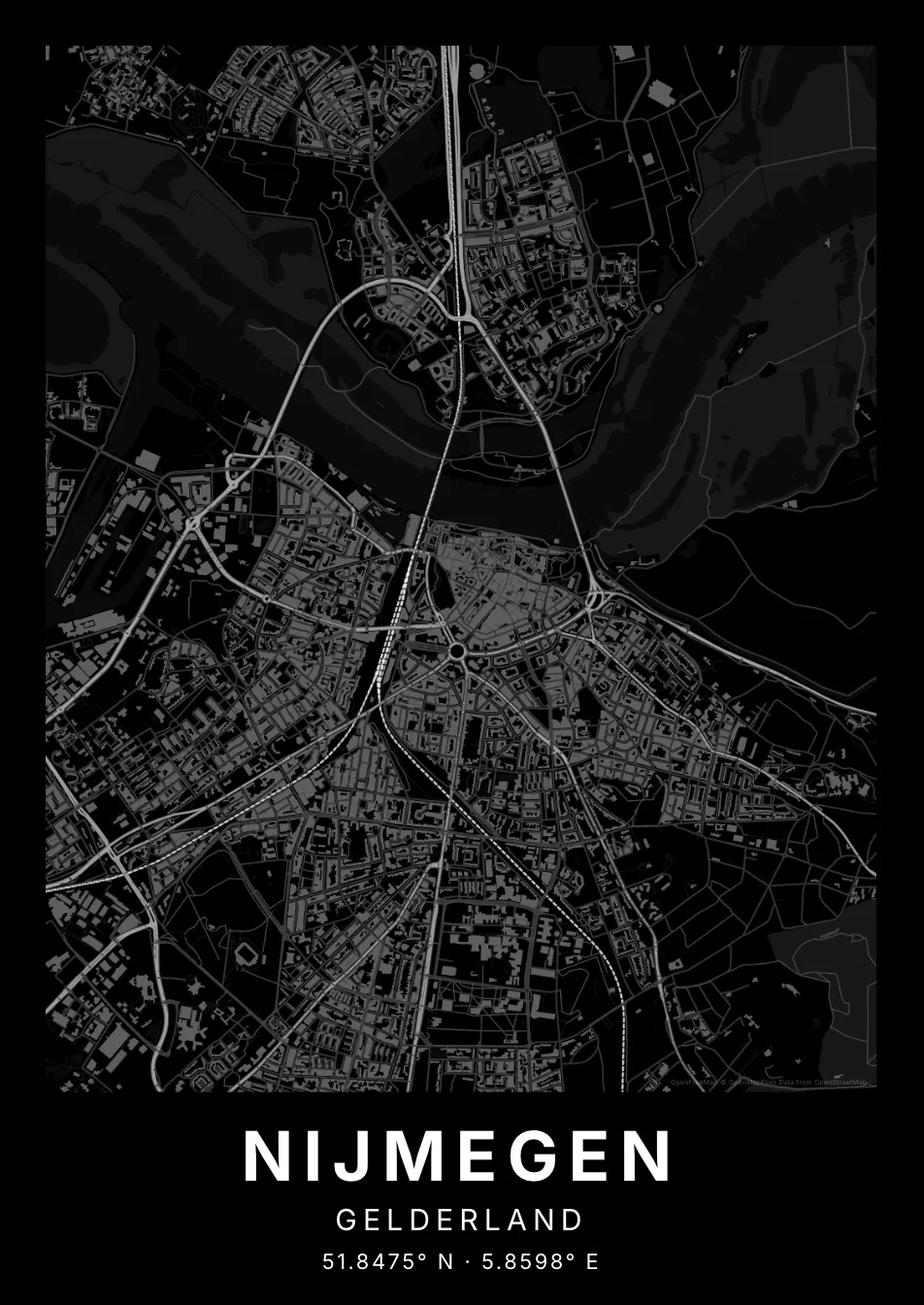 Kaartposter Nijmegen in Nachtzwart stijl
