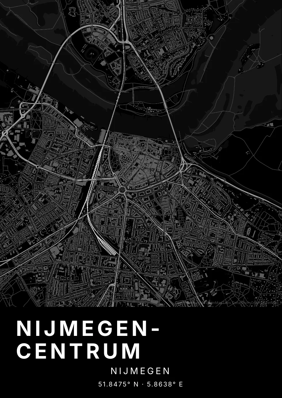 Kaartposter van Nijmegen in Nachtzwart stijl