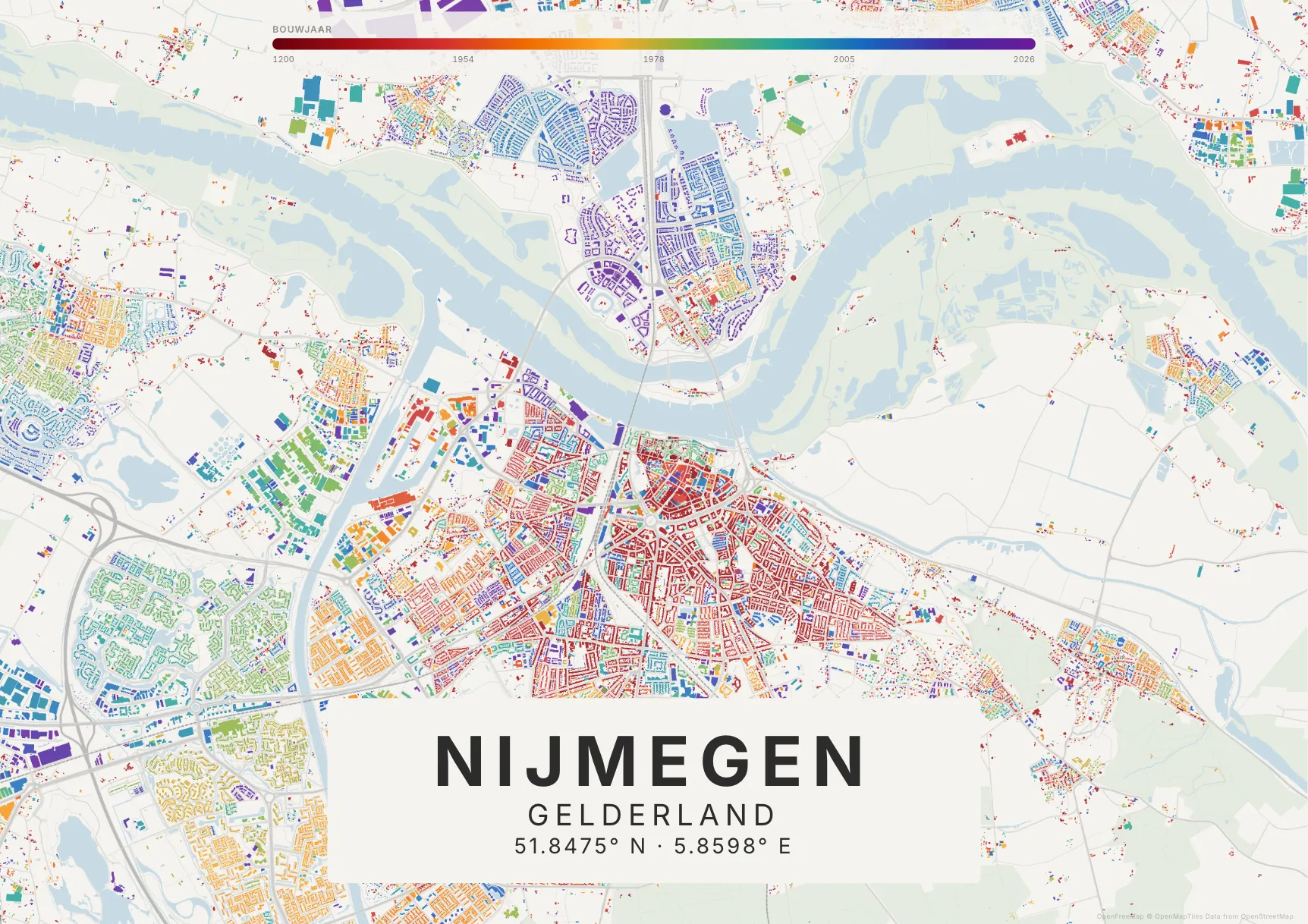 Kaartposter Nijmegen in Tijdlaag stijl, liggend