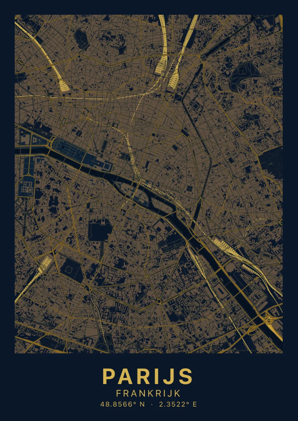 Kaartposter Parijs in Nachtblauw stijl