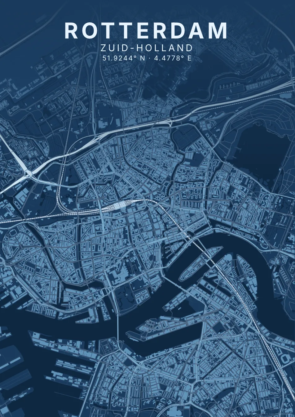 Kaartposter Rotterdam in Blauwdruk stijl