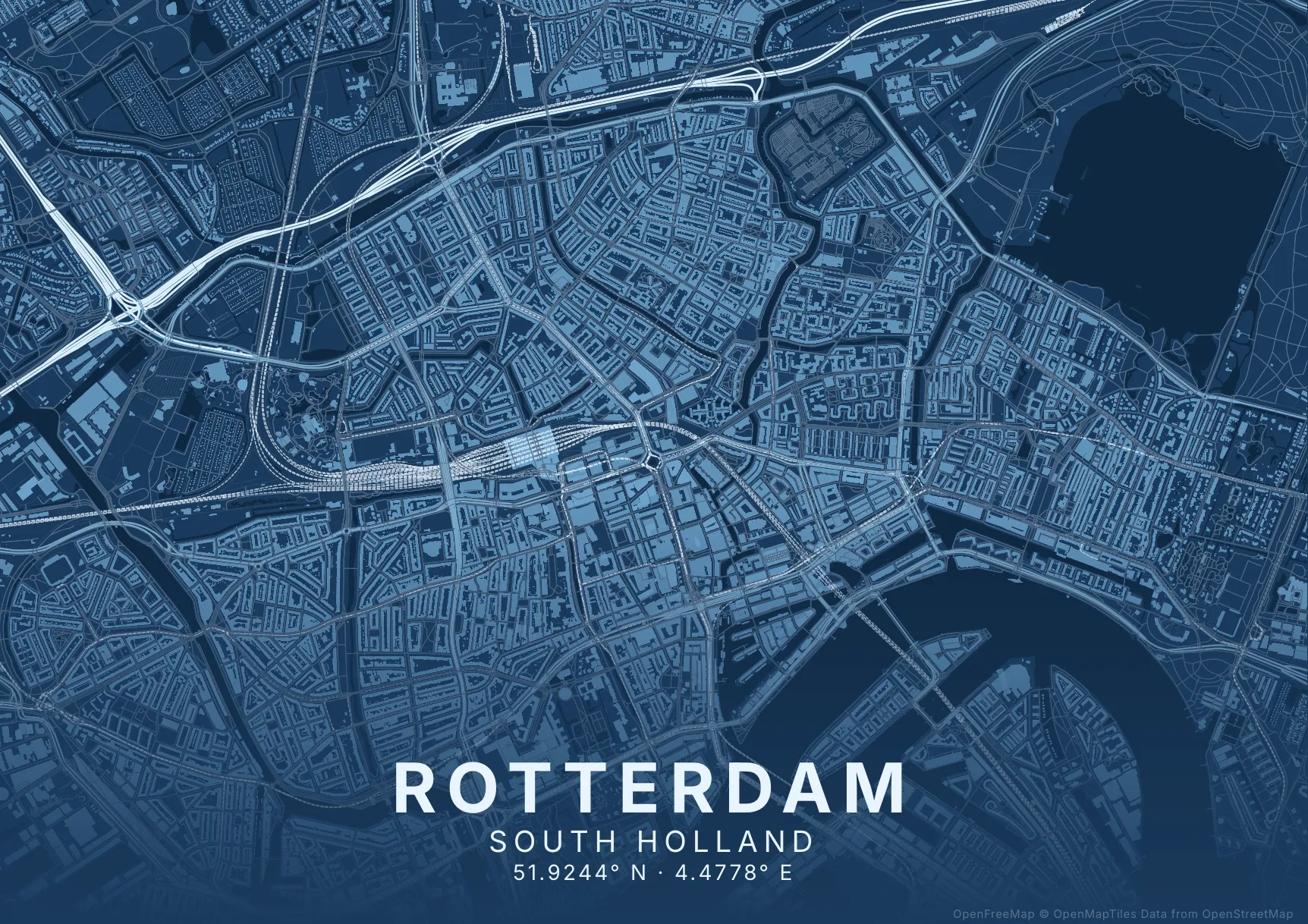 Liggende kaartposter Rotterdam in Blauwdruk stijl