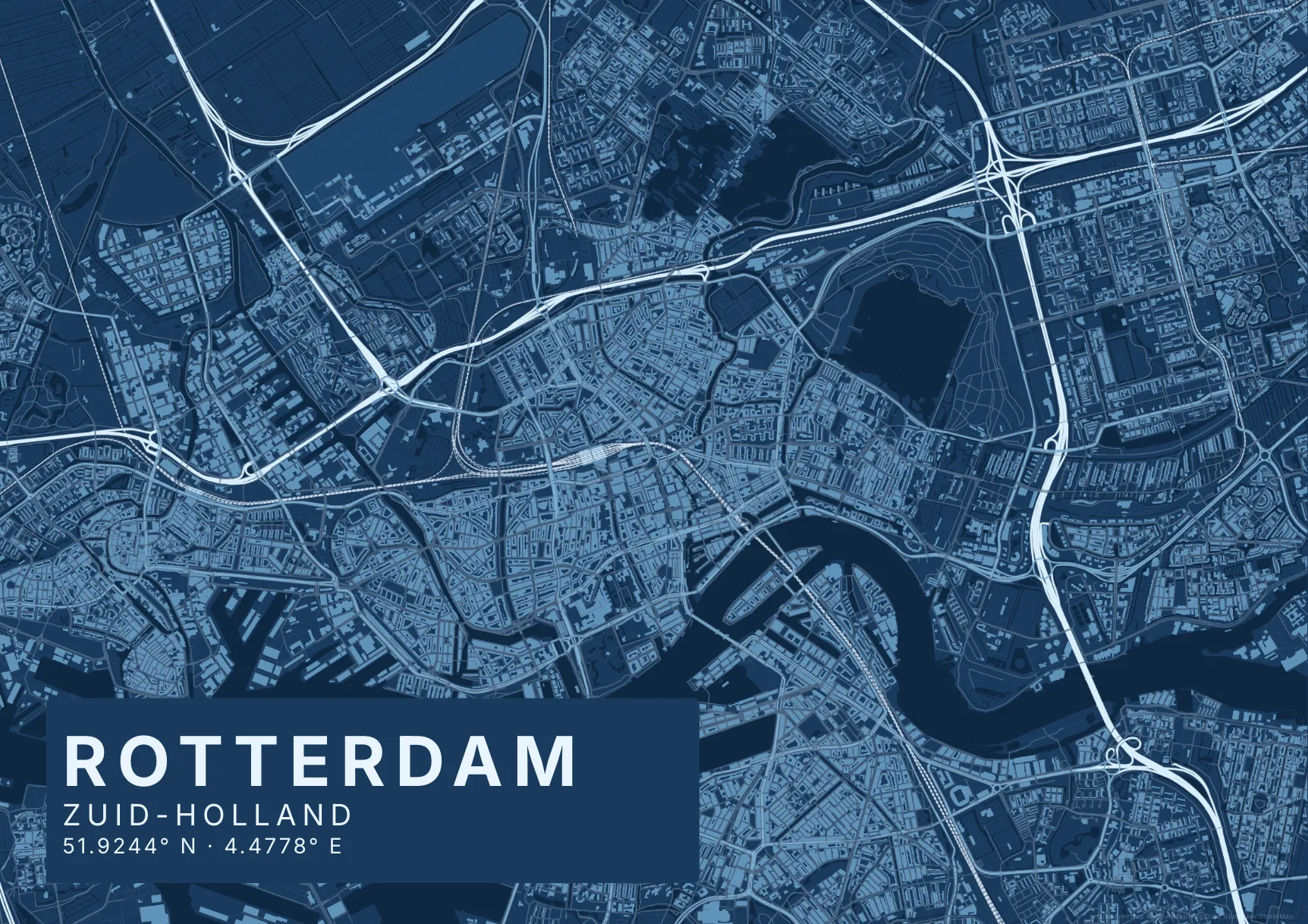 Kaartposter Rotterdam in Blauwdruk stijl