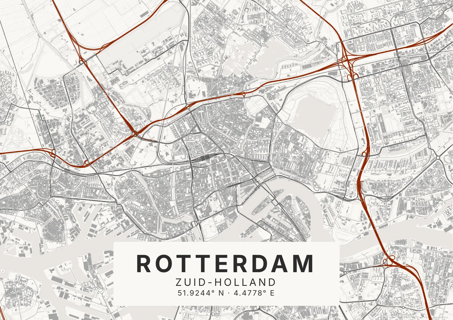 Kaartposter Rotterdam in Inktwas stijl