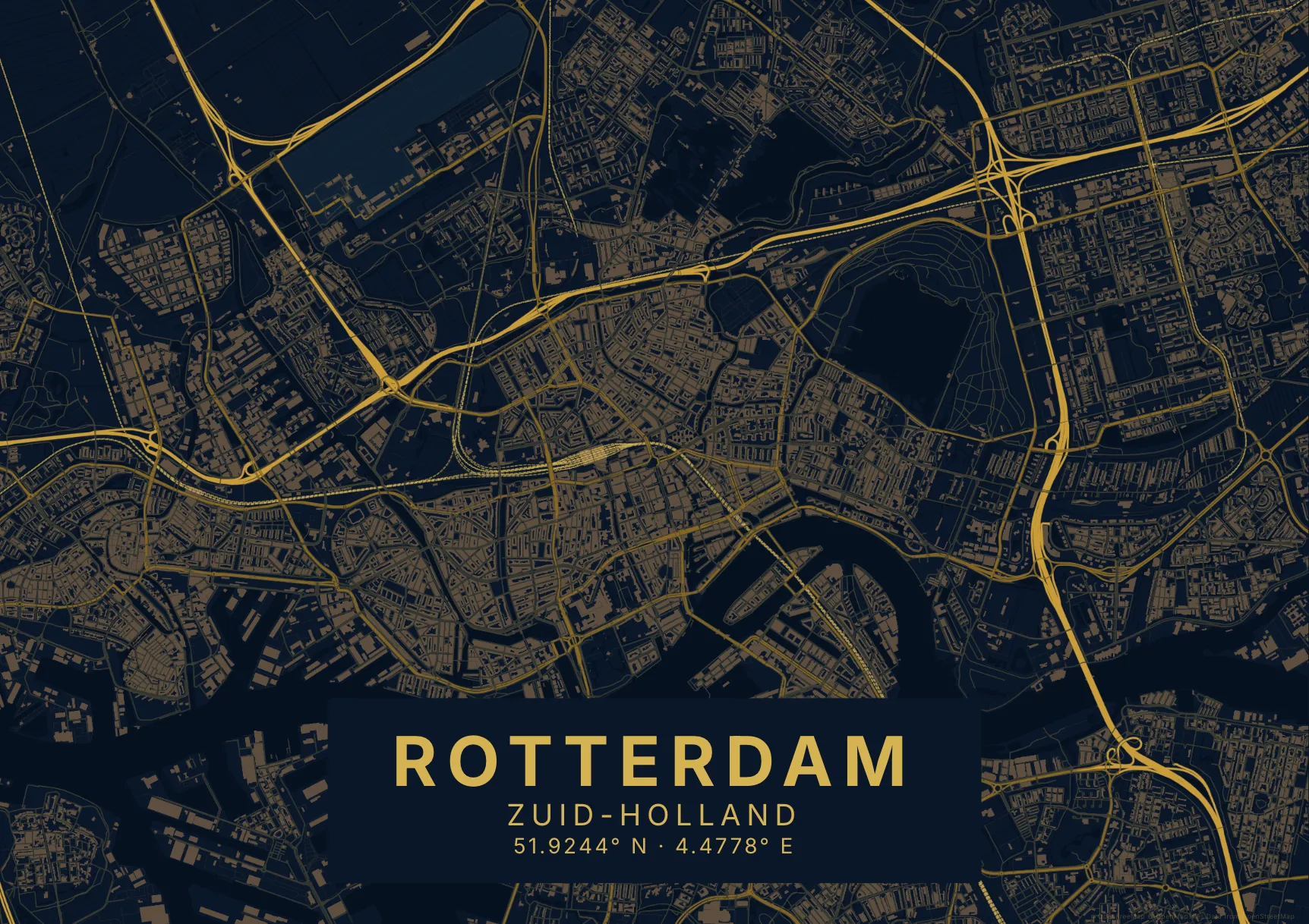 Kaartposter Rotterdam in Nachtblauw stijl