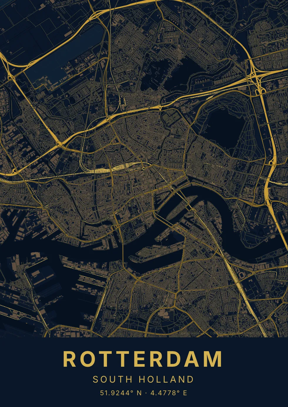Rotterdam kaartposter in Nachtblauw stijl
