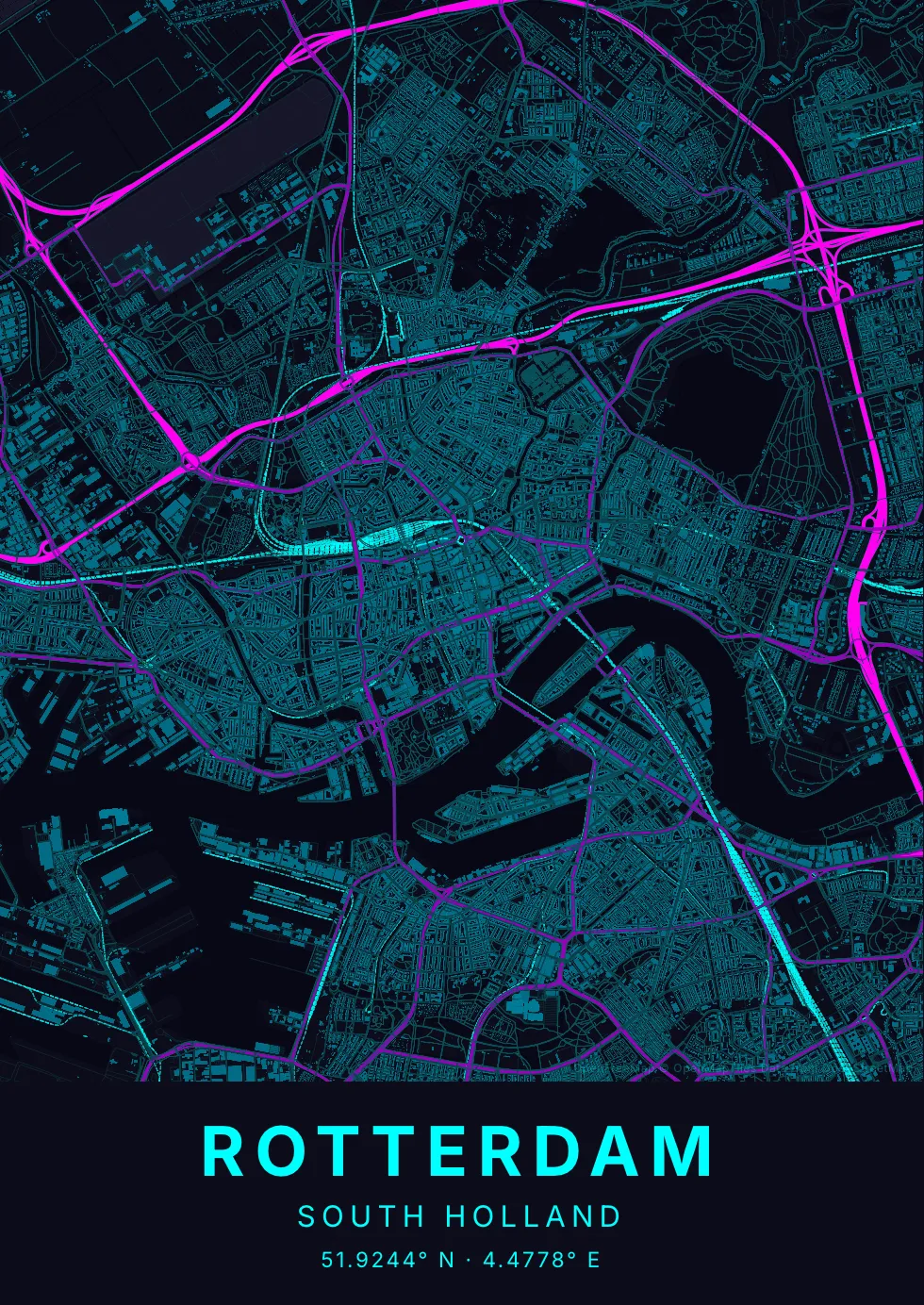 Rotterdam kaartposter in Neon stijl
