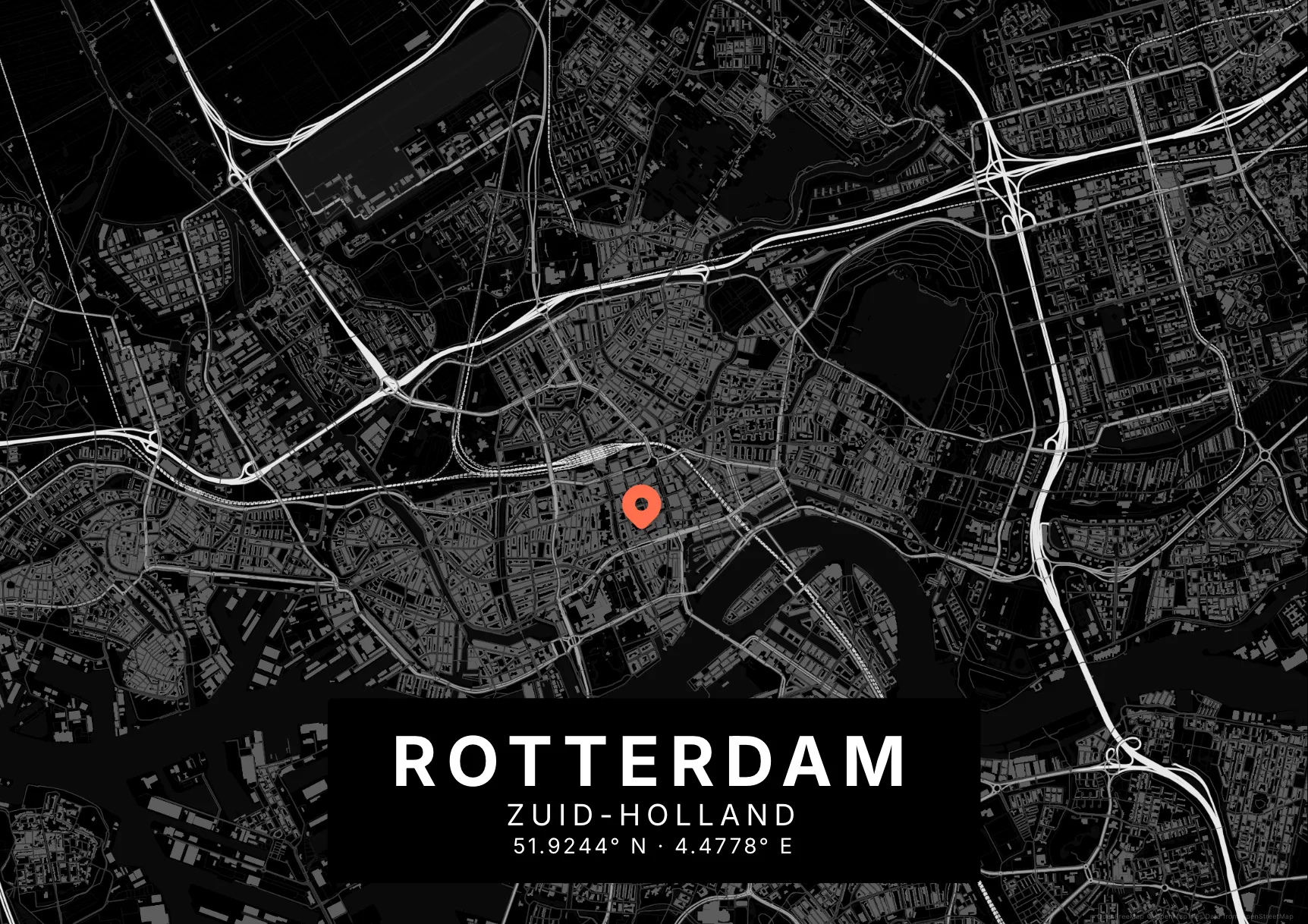 Kaartposter Rotterdam in Nachtzwart stijl