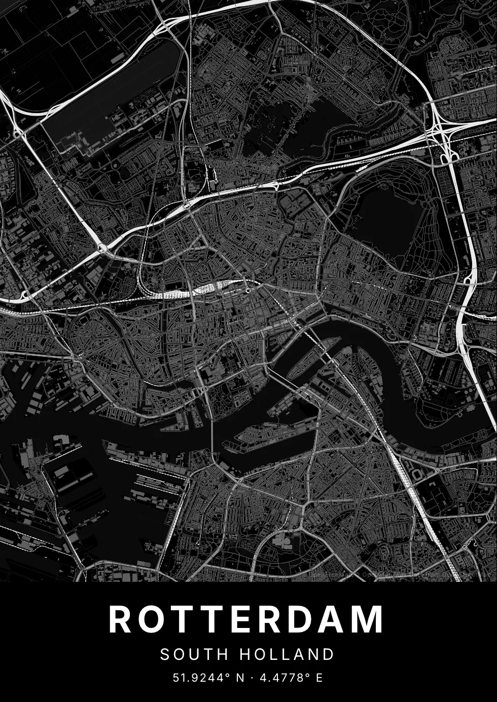 Kaartposter van Rotterdam in Nachtzwart stijl