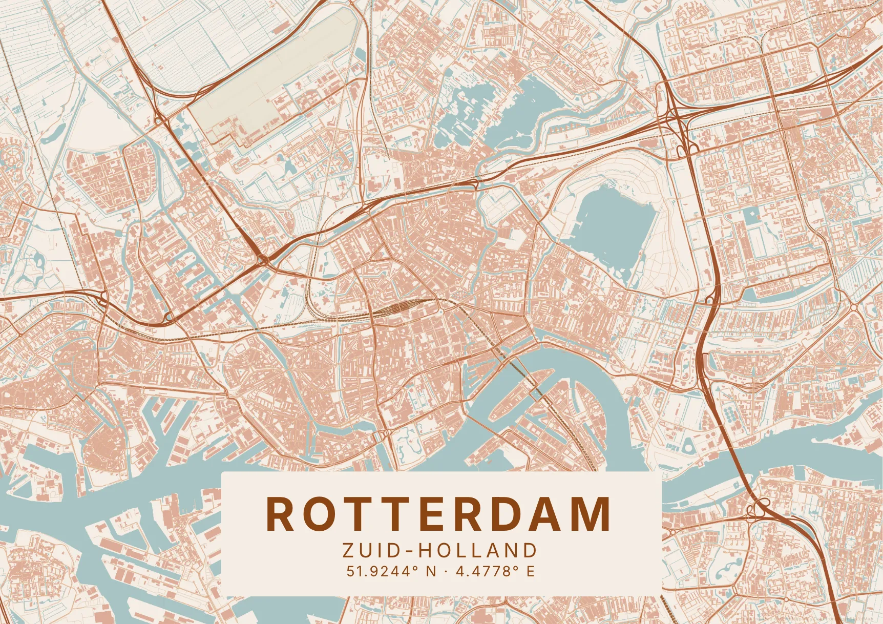 Kaartposter Rotterdam in Klei stijl