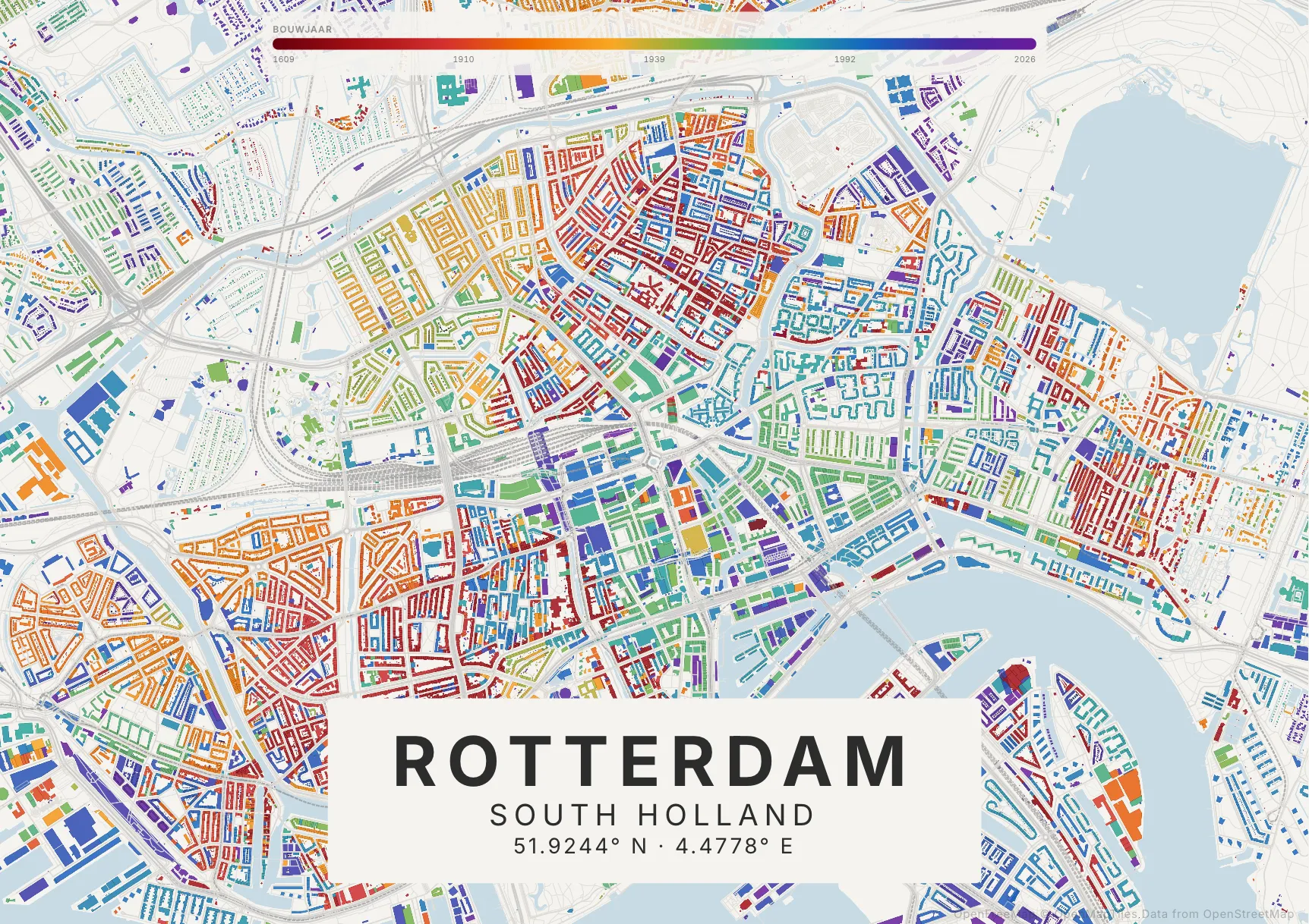 Kaartposter Rotterdam in Tijdlaag stijl