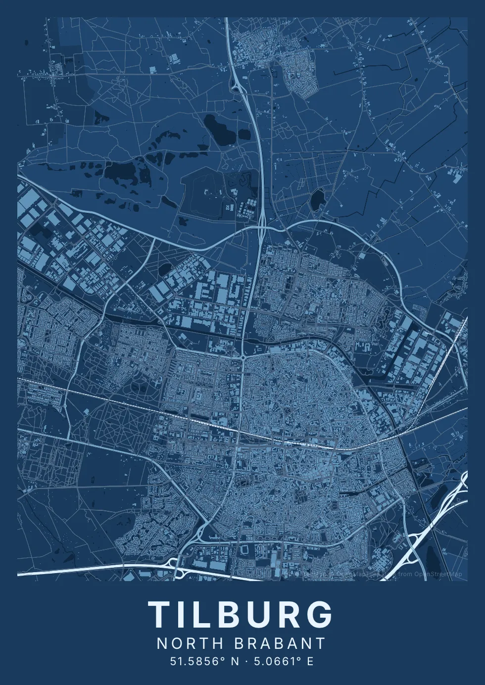 Kaartposter Tilburg in Blauwdruk stijl