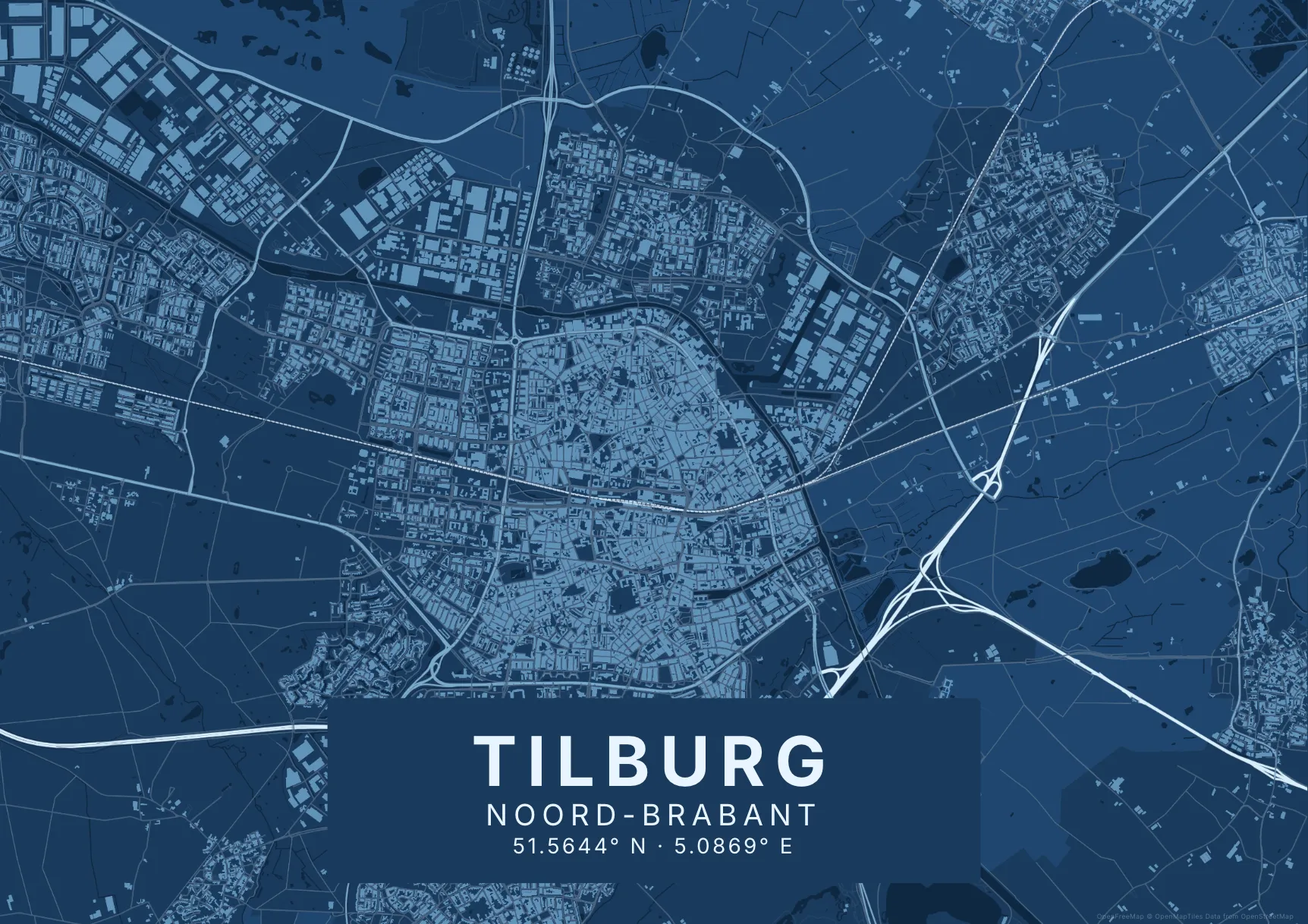 Kaartposter Tilburg in Blauwdruk stijl, liggend