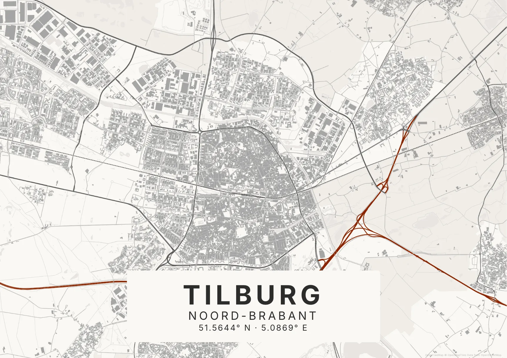 Kaartposter Tilburg in Inktwas stijl