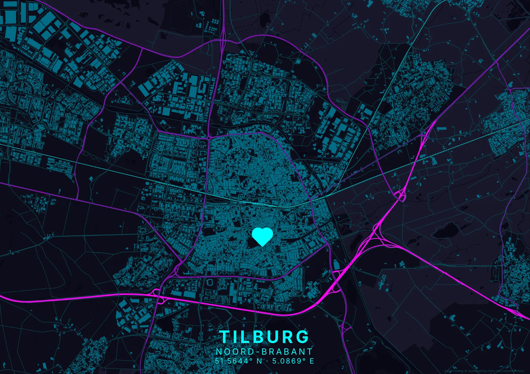 Kaartposter Tilburg in Neon stijl