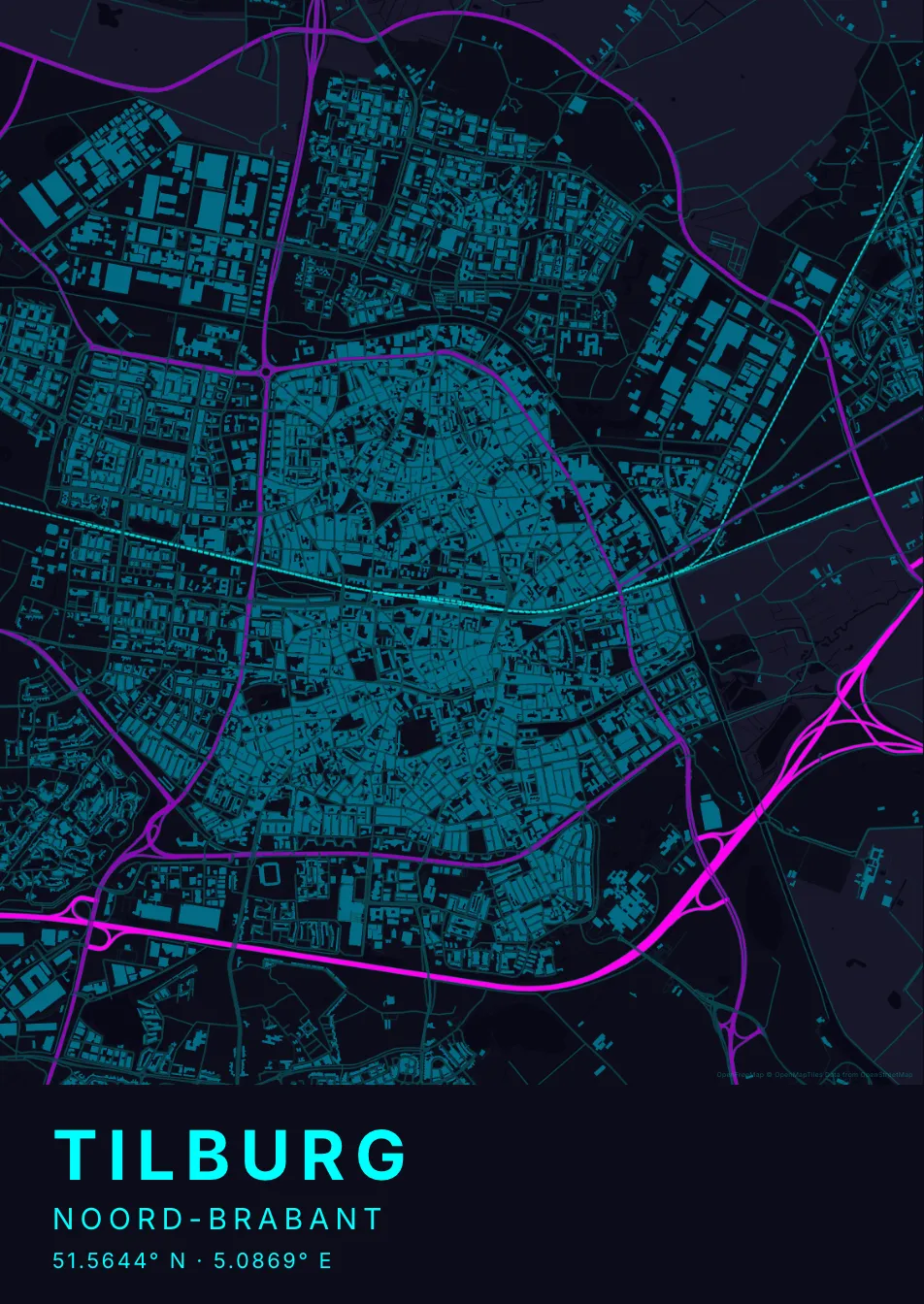 Kaartposter Tilburg in Neon stijl