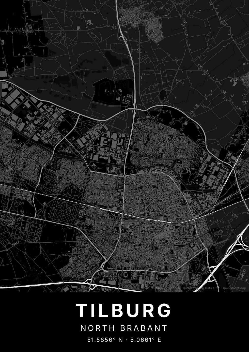 Kaartposter van Tilburg in Nachtzwart stijl