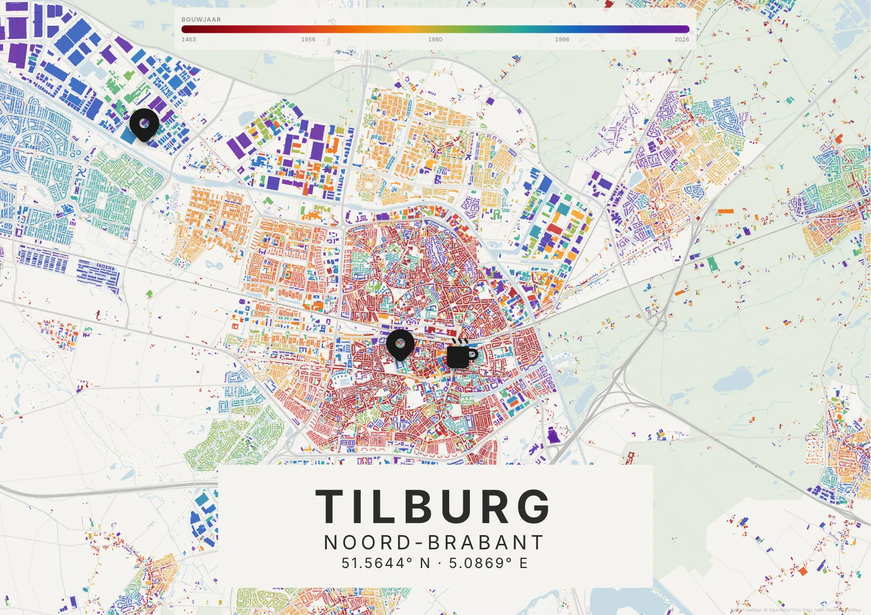 Kaartposter Tilburg in Tijdlaag stijl, liggend