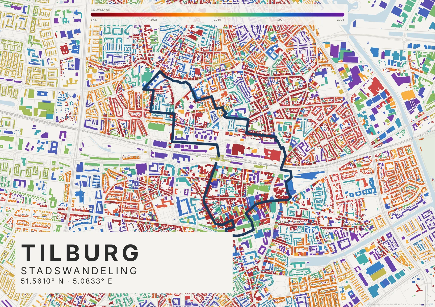 Kaartposter Tilburg in Tijdlaag stijl