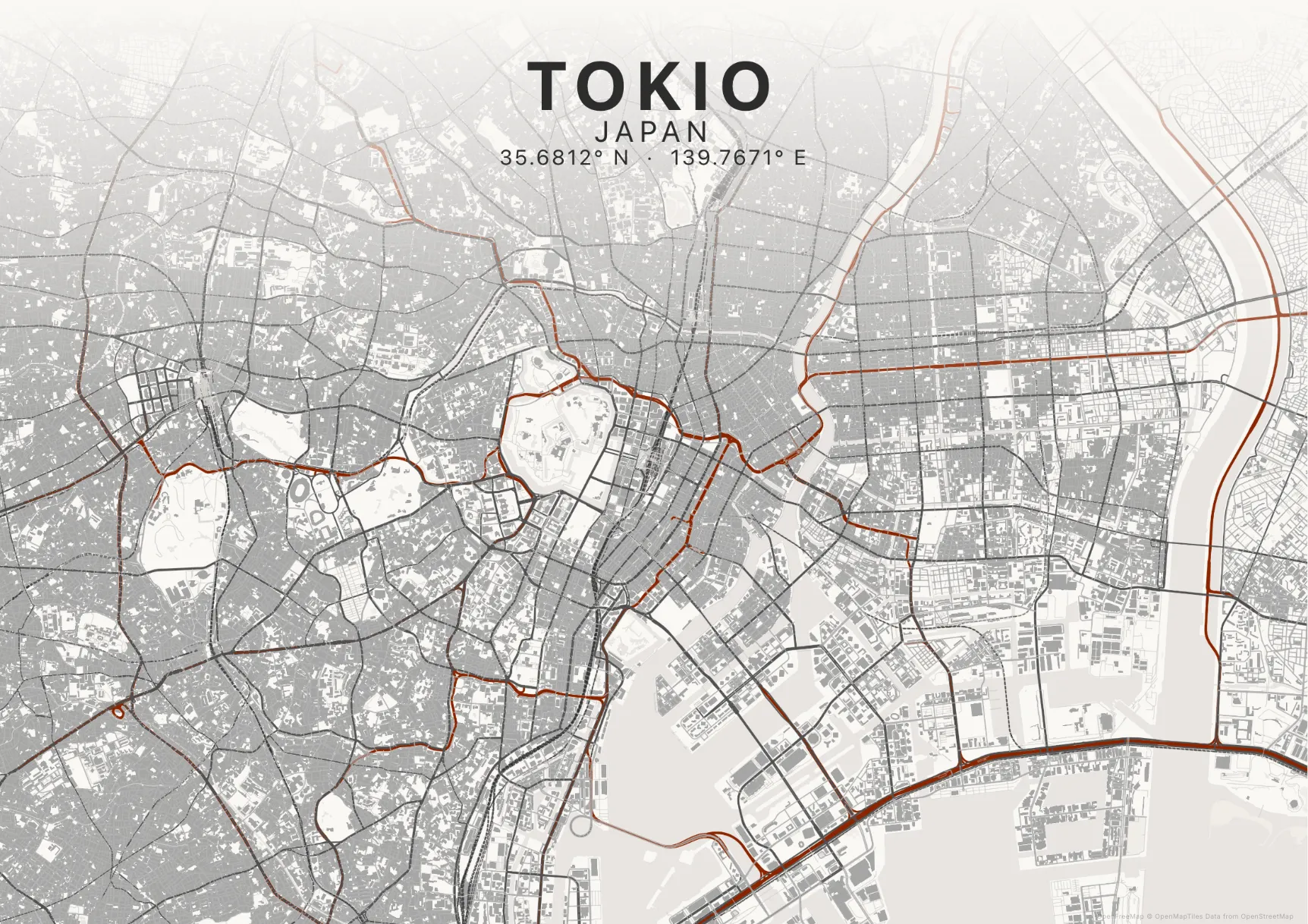Kaartposter Tokio in Inktwas stijl